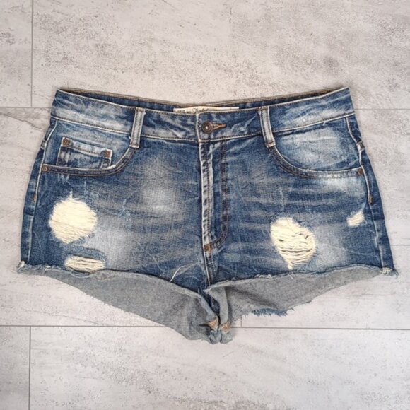 3/$20 Zara Trafaluc Denim Shorts High Rise Micro Distressed Ripped Jean Cut Off - Picture 10 of 10